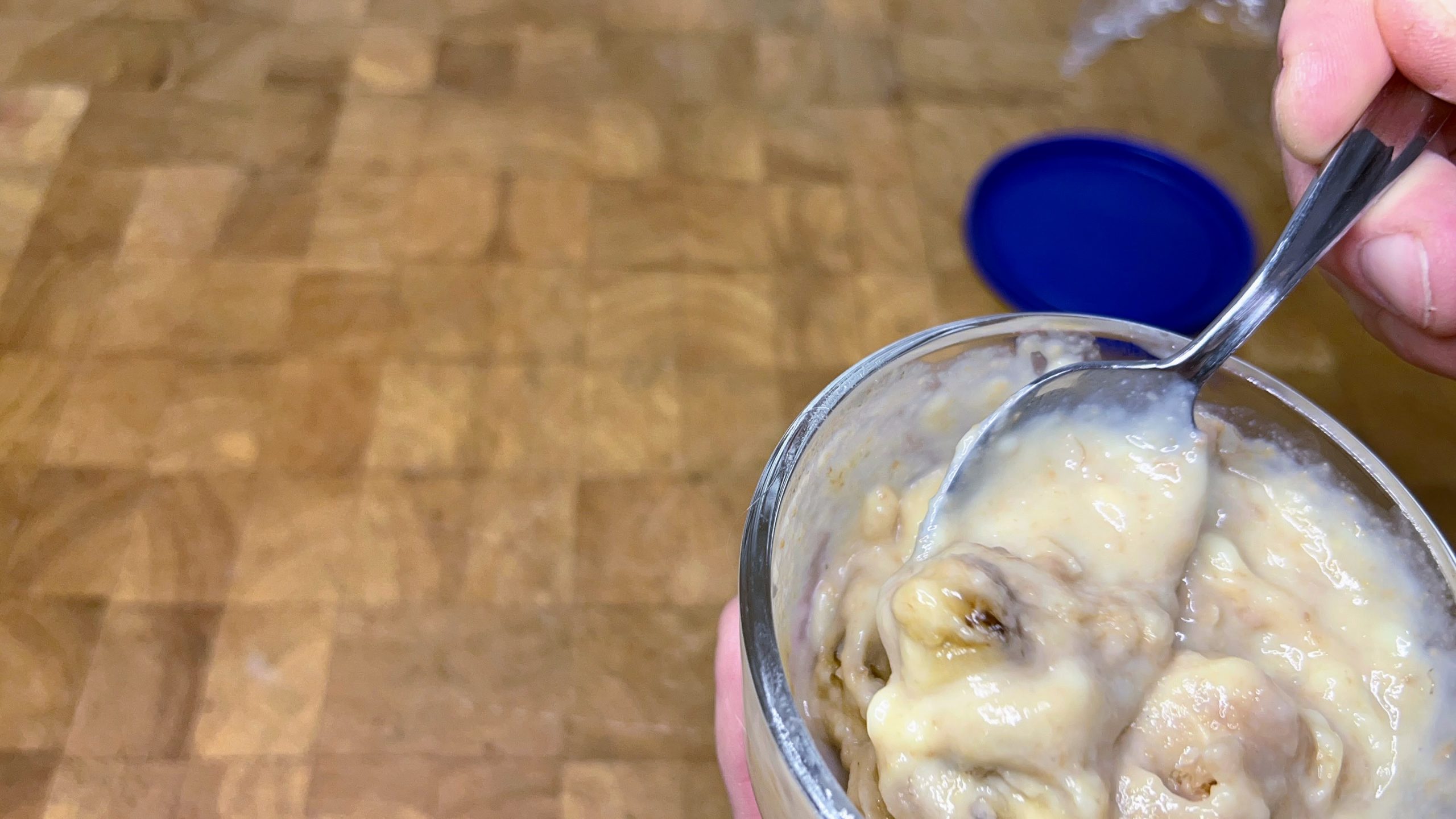 defrosted banana pudding with slightly browned bananas.