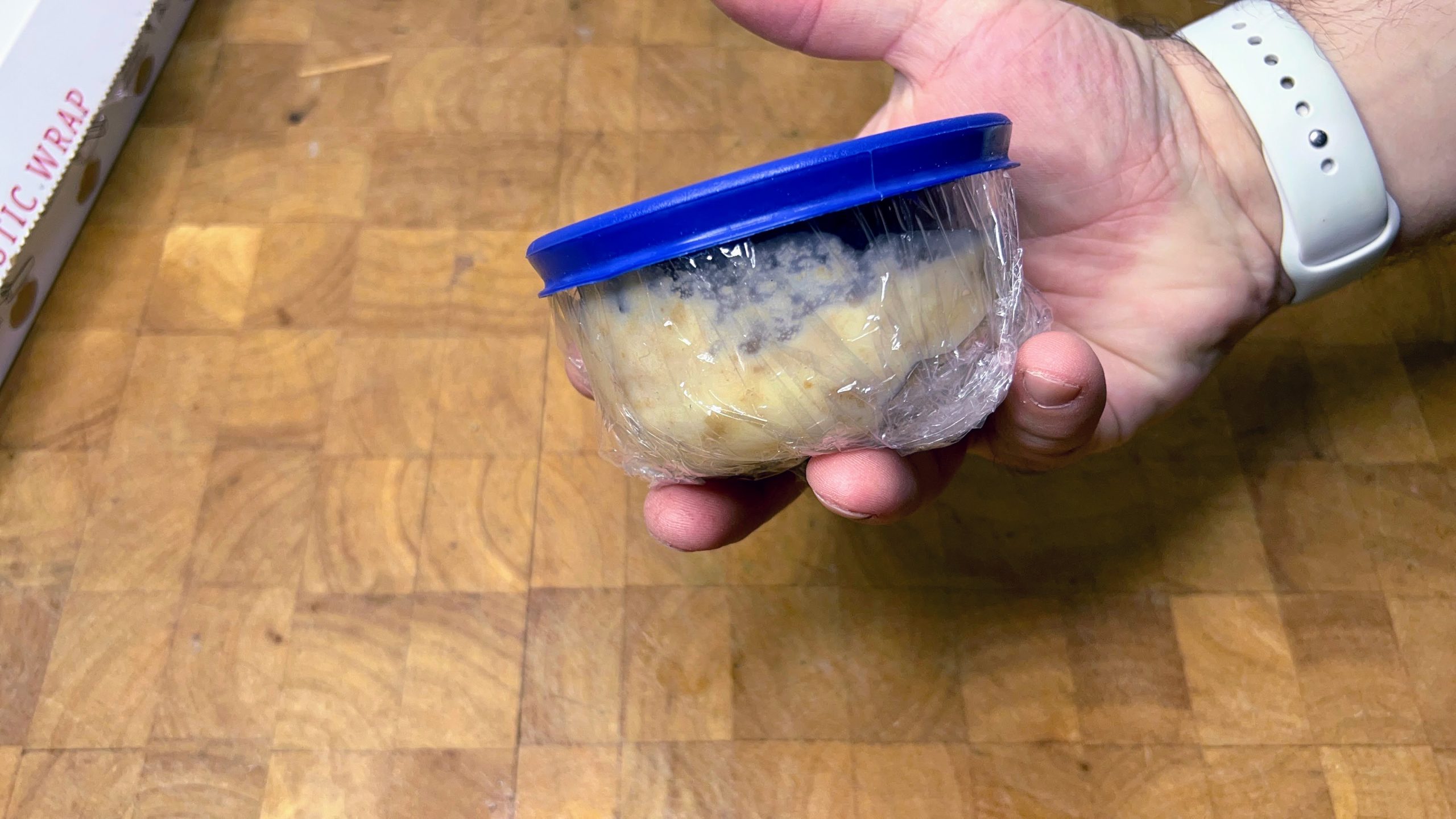banana pudding fully packaged in container with an inch or two of headspace.