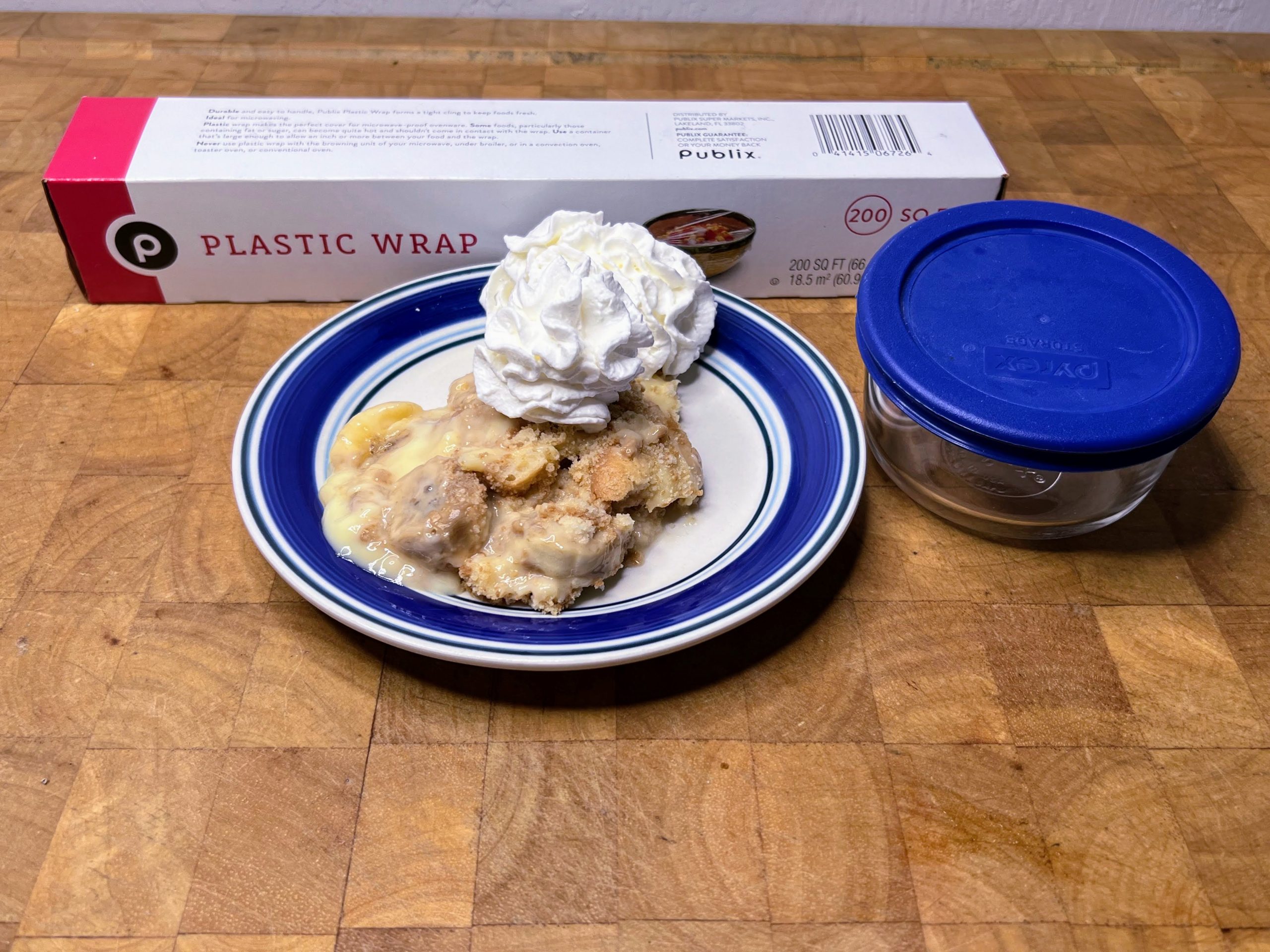 banana pudding on a plate, plastic wrap and an airtight freezer safe container