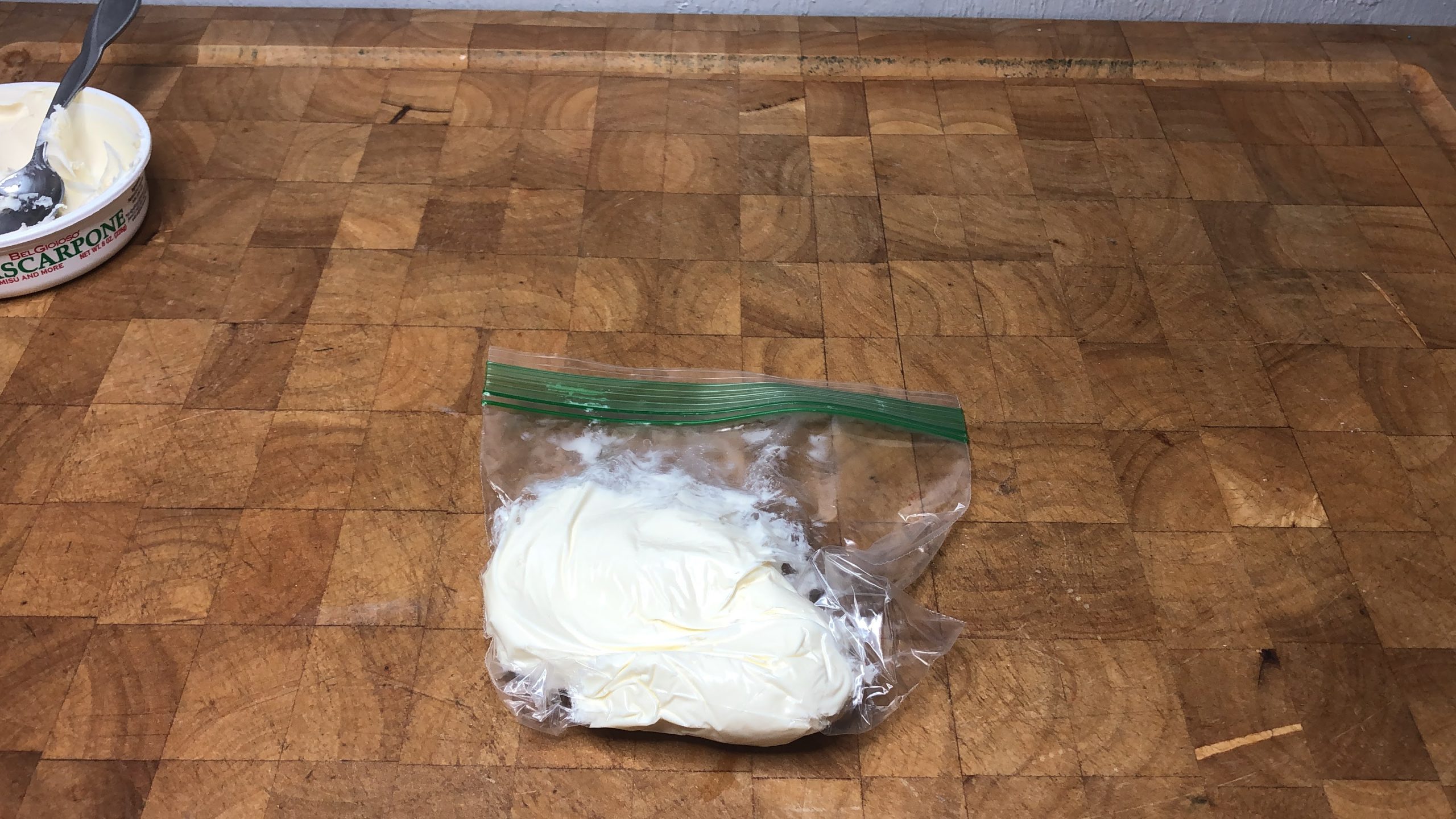 freezer bag full of mascarpone cheese