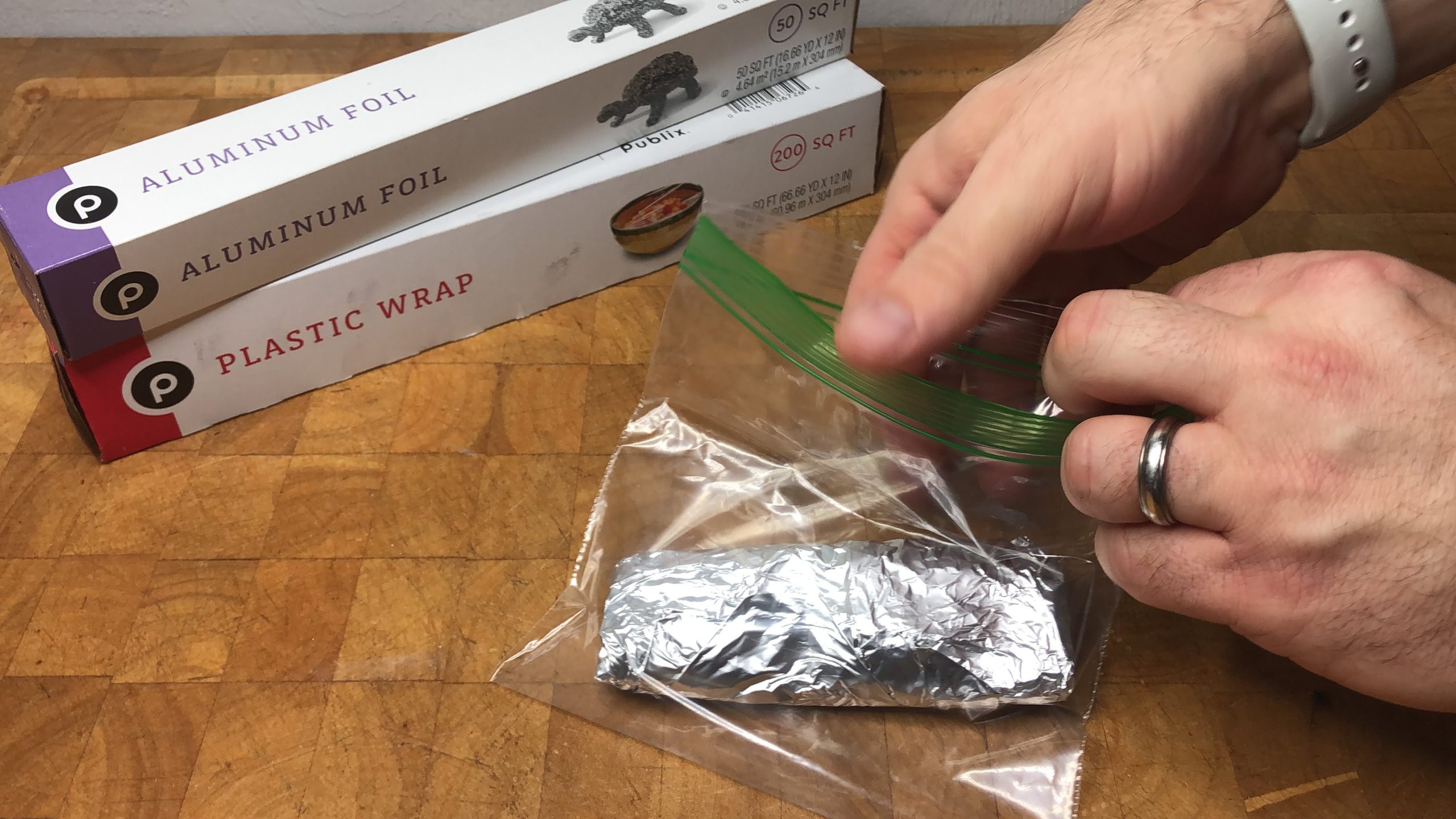 wrapped salami in a freezer bag