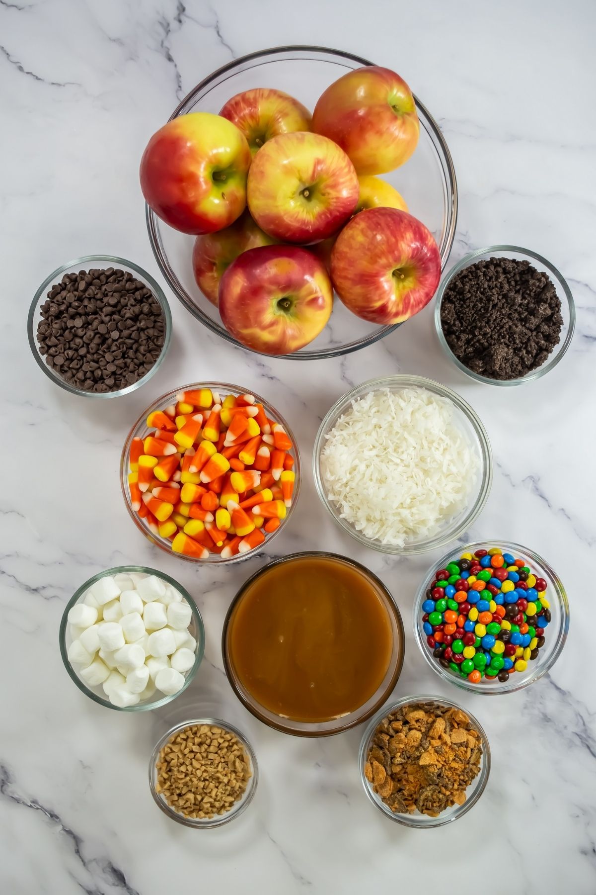 Caramel apple slice ingredients on a counter.