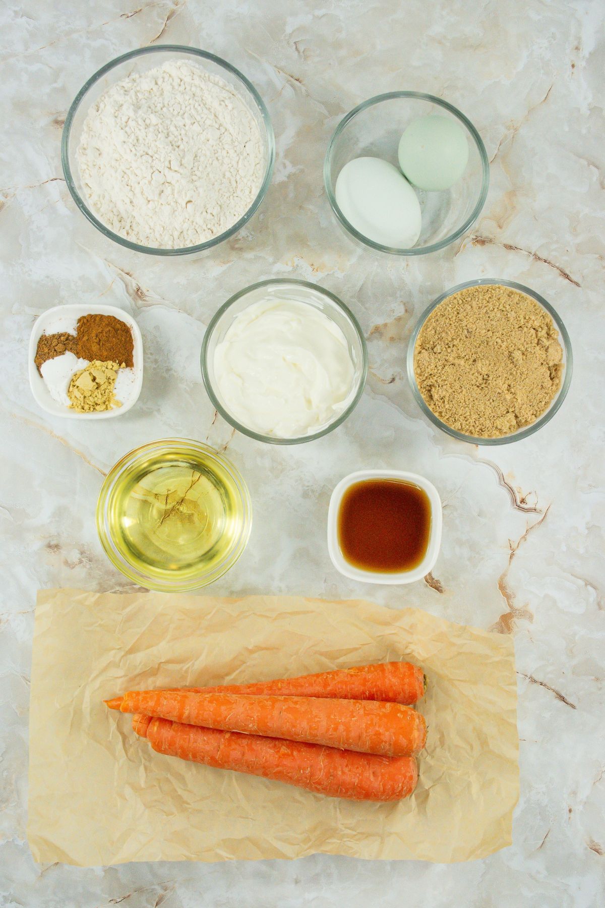 Carrot cake cupcake ingredients on a counter.