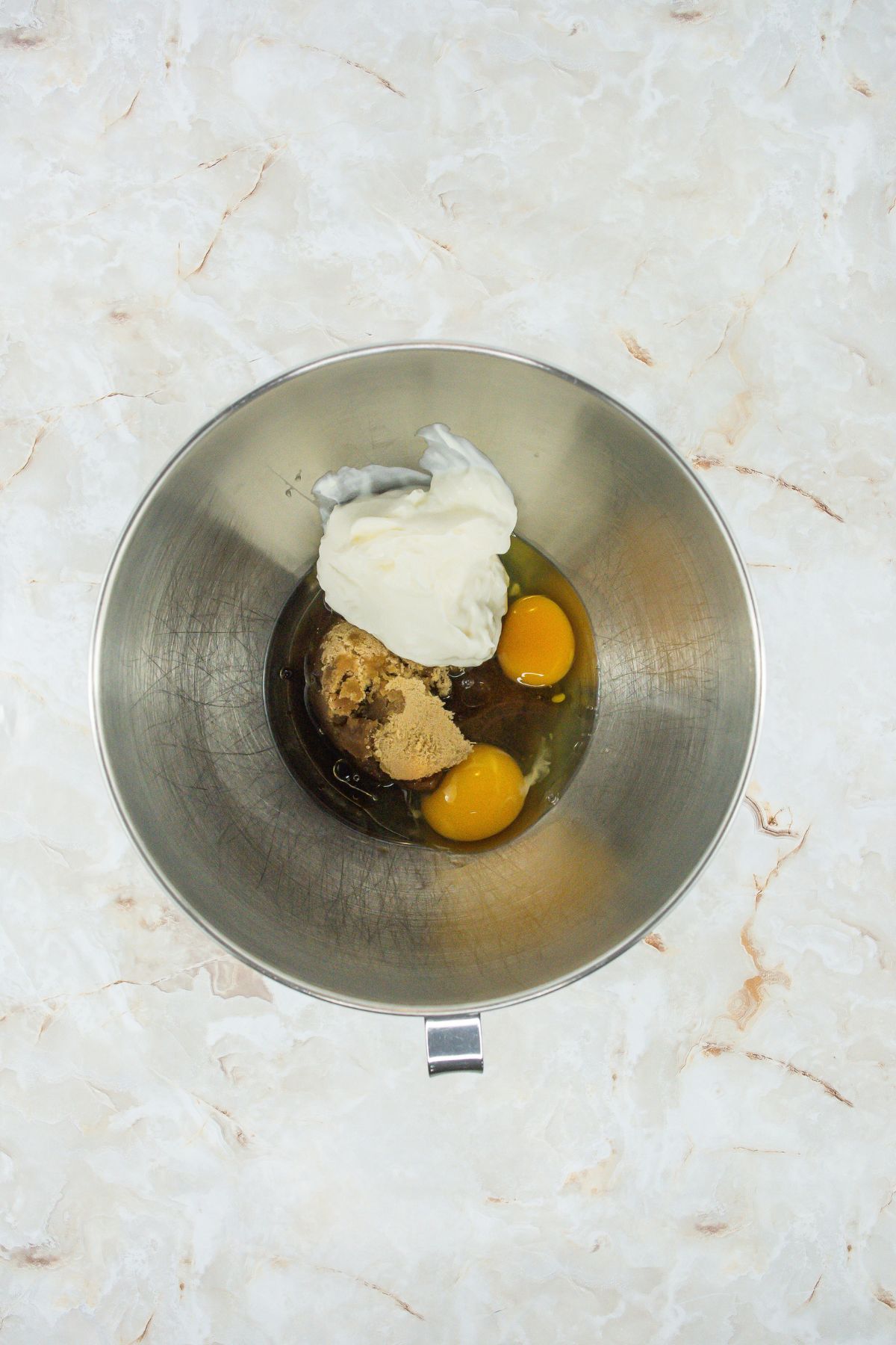 Eggs and other ingredients in a bowl.