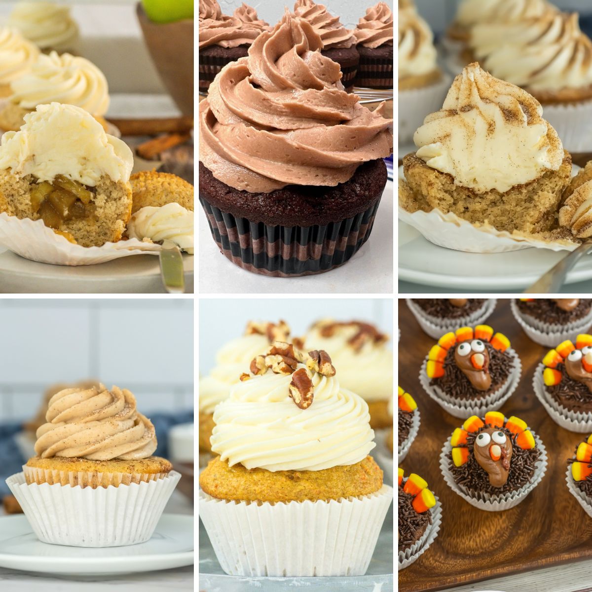 Grid of pictures of fall cupcakes.