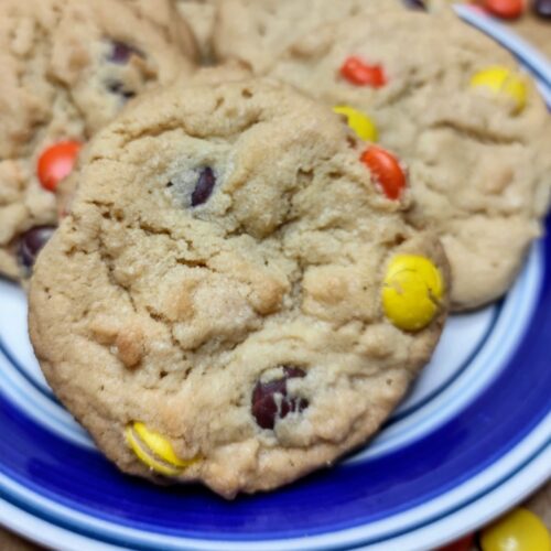 Close up of reeces pieces cookies on a plate.