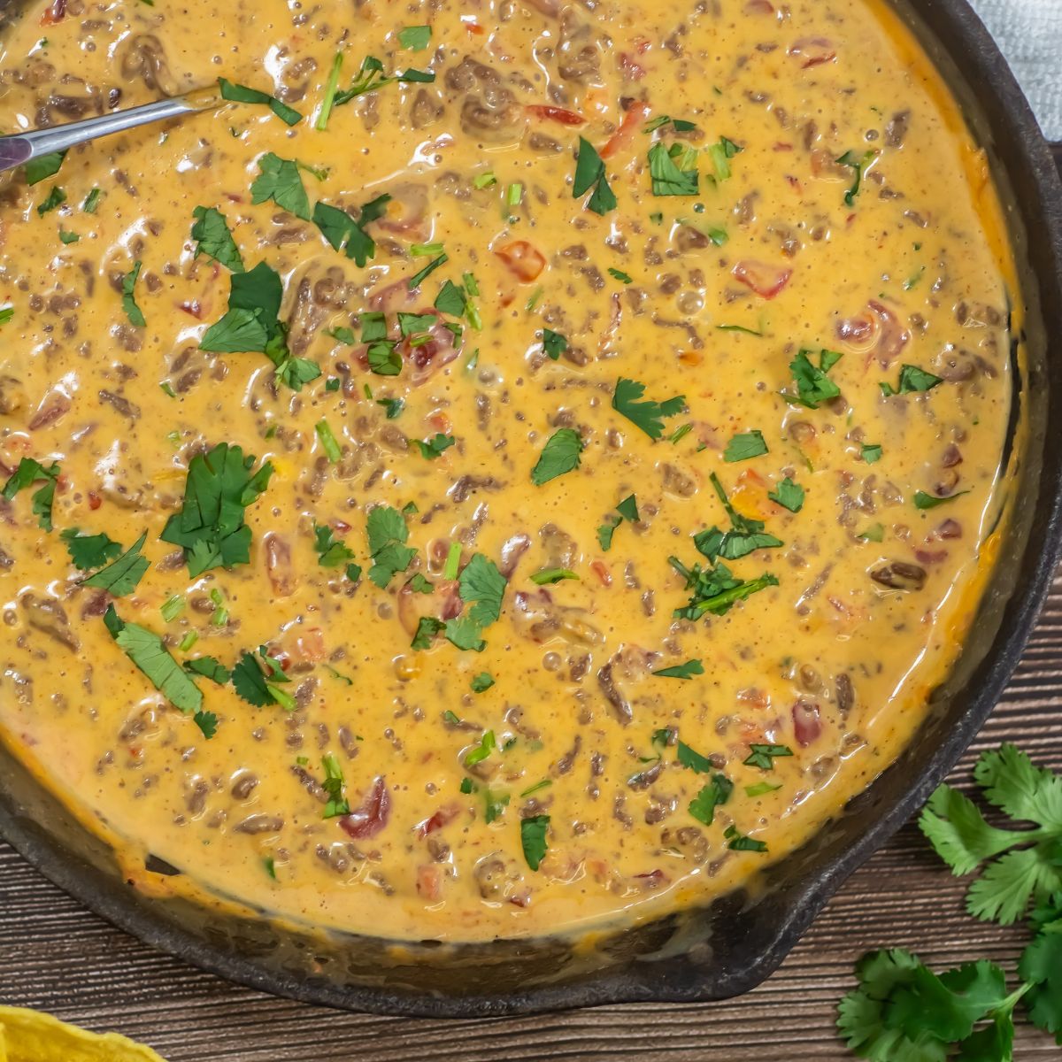 Rotel dip in a skillet.